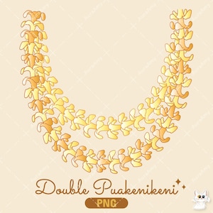 Può includere: Doppio filo di ghirlanda di fiori di frangipane giallo dorato, noto anche come puakenikeni, con il testo "Double Puakenikeni PNG" sotto.