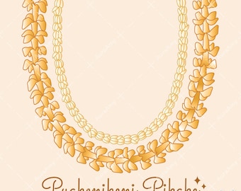 Könnte beinhalten: Zwei goldene Leis, einer mit einem aufwendigeren Design als der andere, mit dem Text "Puakenikeni Pikake PNG" darunter.