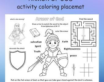 Armor of God Bijbelvers activiteit kleurplaat placmat, zondagsschool kleurambachten en bijbelles voor kinderen, Efeziërs 6:11 bijbelactiviteit