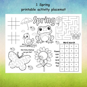 Pode incluir: Um tapete de atividades imprimível em preto e branco com tema de primavera. O tapete inclui uma pesquisa de palavras, um labirinto e uma atividade de contar as joaninhas. O tapete inclui imagens de um sapo, um pássaro, uma borboleta, um girassol e um guarda-chuva.