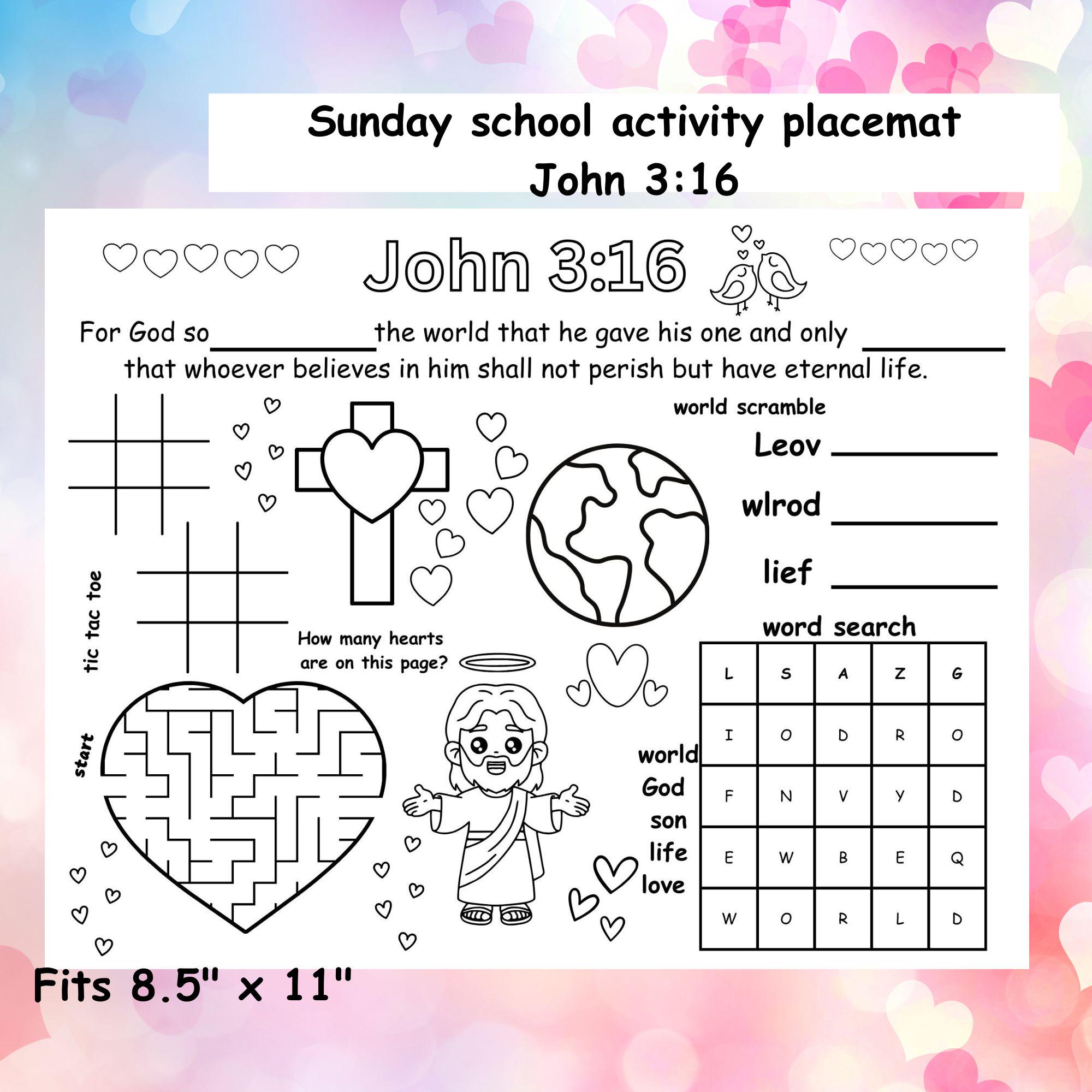 Johannes 3:16 bijbelactiviteit voor kinderen, zondagsschoolbijbelkleurplaatsmat, afdrukbare christelijke kleurbijbelversactiviteit voor kinderen