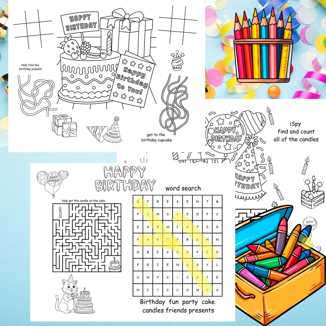 Printable Birthday Activity Coloring Placemats, Coloring Placemats for ...