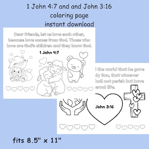 1 John 4 7and John 3 16 coloring sheet, Sunday school bible coloring page, printable Christian coloring Bible verse, instant download