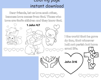 1 John 4 7and John 3 16 coloring sheet, Sunday school bible coloring page, printable Christian coloring Bible verse, instant download