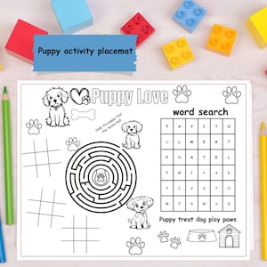 Puppy theme coloring fun activity,  preschool and kindergarteners, dog coloring activities with word search, maze and tic tac toe, puppy printable placemat, puppy party