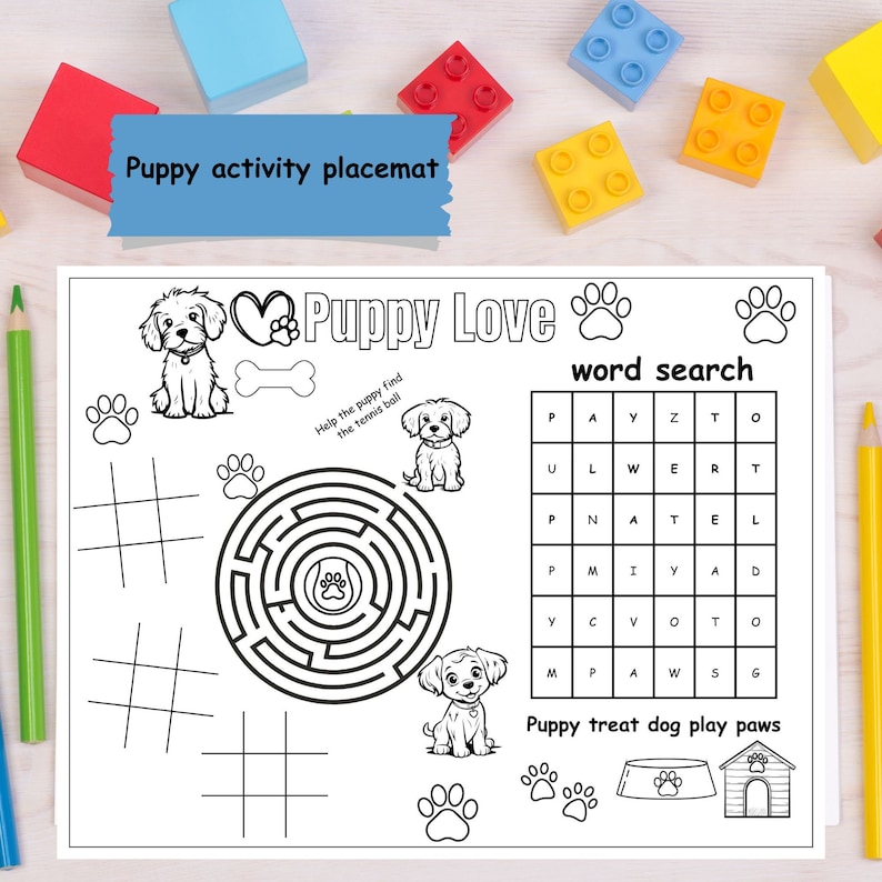 Puppy theme coloring fun activity,  preschool and kindergarteners, dog coloring activities with word search, maze and tic tac toe, puppy printable placemat, puppy party