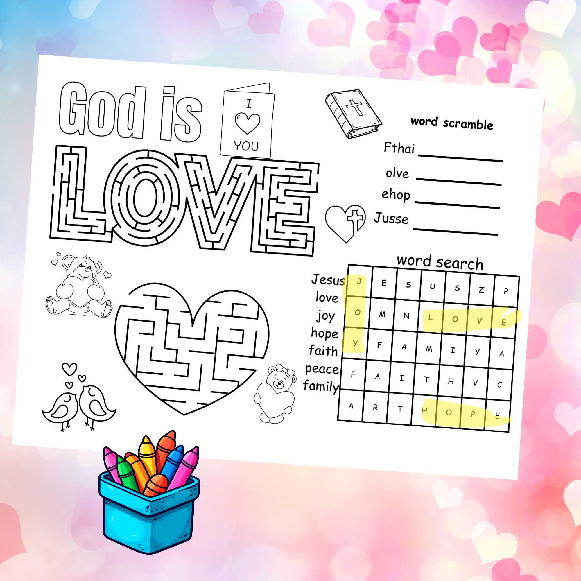 Printable Christian Coloring Activity Placemats, Sunday School Activity