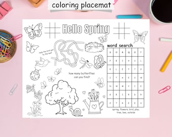 Printable spring activity coloring placemat, placemat for kids, springtime activity, instant download