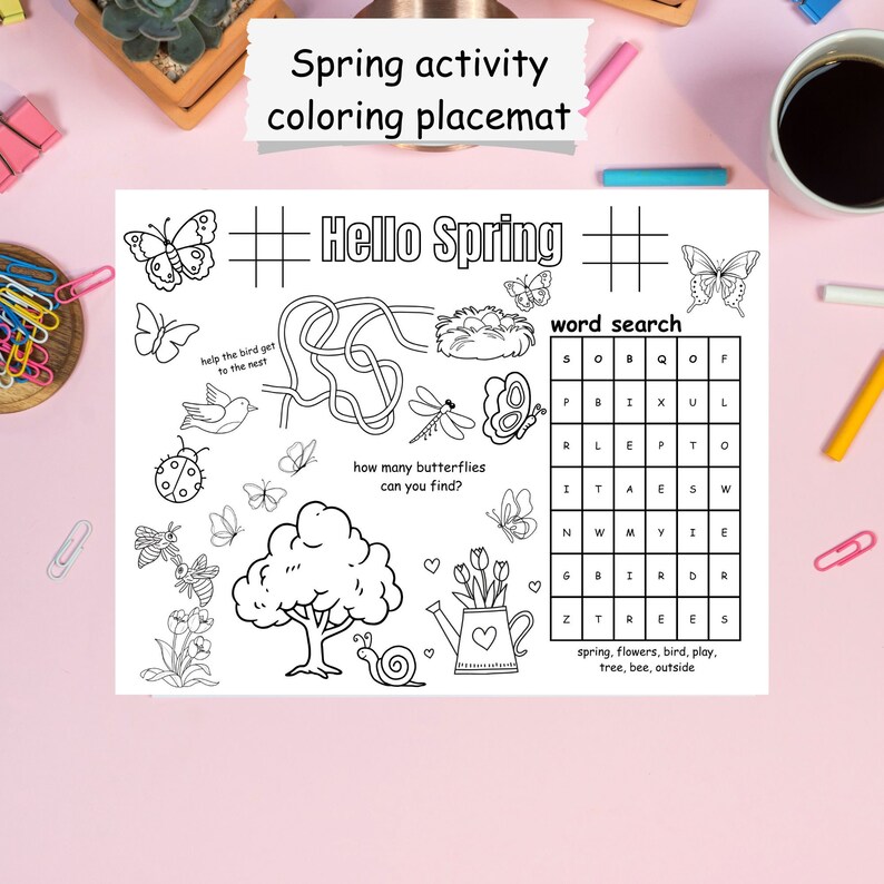 Printable Spring Activity Coloring Placemat, Activity Coloring Placemat for Kids, Preschool ...