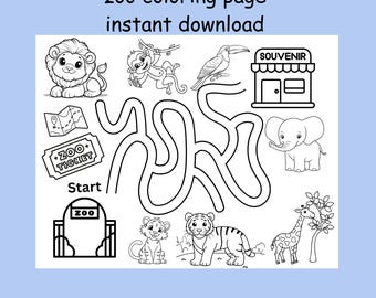 Zoo trip coloring Sheet, printable zoo animals activity Coloring page for Kids, jungle safari animal theme party for kids, instant download