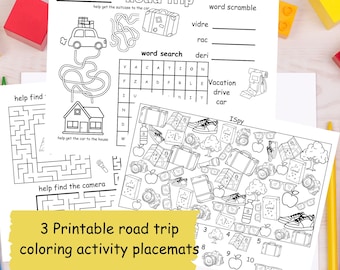 Printable road trip activity placemats, road trip games for kids, coloring activity placemat for kids, Fun road trip activity, kids placemat