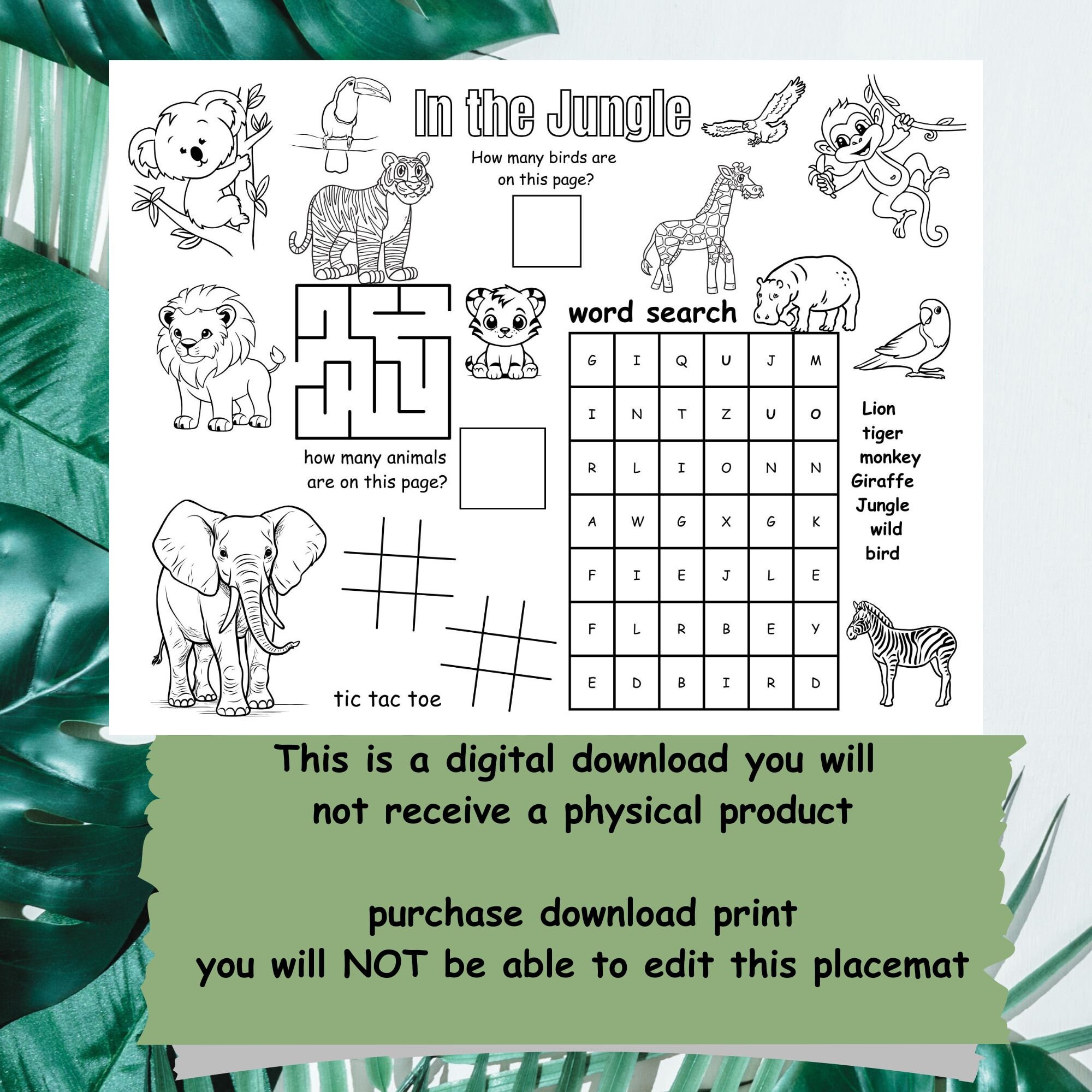 Jungle Animals Activity Placemat, Printable Coloring Activity Placemat ...