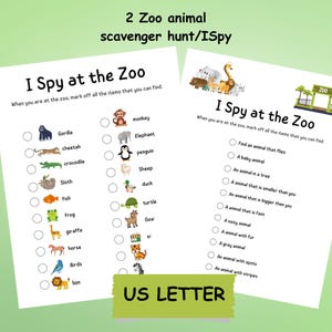 Caça ao tesouro do zoológico Ispy para impressão, atividade de zoológico de animais para crianças, caça ao tesouro do zoológico, excursão escolar, download instantâneo de carta dos EUA em PDF