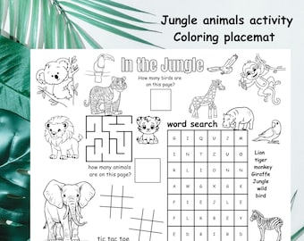 Jungle animals activity placemat, Printable coloring activity placemat for kids, Preschool animal placemat, zoo animal coloring for kids