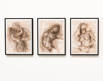 Schlafzimmer Wand Kunst 3er Set Print, Neutrales Akt Paar Triptychon, Beige Minimalistische Wandkunst, Modernes Poster Set