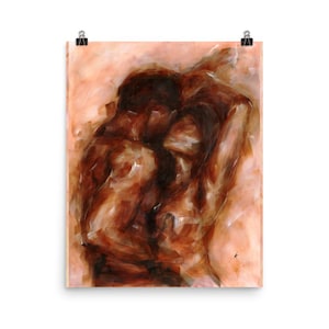 May include: Abstract art print featuring a warm color palette of browns and peaches. The artwork depicts two figures in an embrace, with visible brushstrokes creating a textured effect. The print is held by two black binder clips.