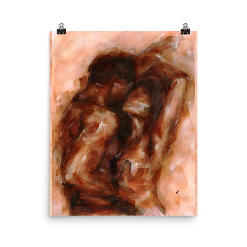 May include: Abstract art print featuring a warm color palette of browns and peaches. The artwork depicts two figures in an embrace, with visible brushstrokes creating a textured effect. The print is held by two black binder clips.