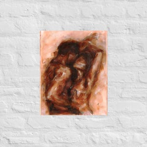 May include: An abstract painting on canvas, featuring a warm color palette of browns and peaches. The artwork depicts two figures in an embrace, with visible brushstrokes creating a textured effect. The canvas is mounted on a white brick wall.