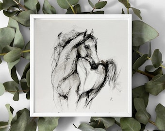 Minimalist Horse Ink Sketch on Textured Canvas Paper - Monochrome Black and White Art 12*12 inch