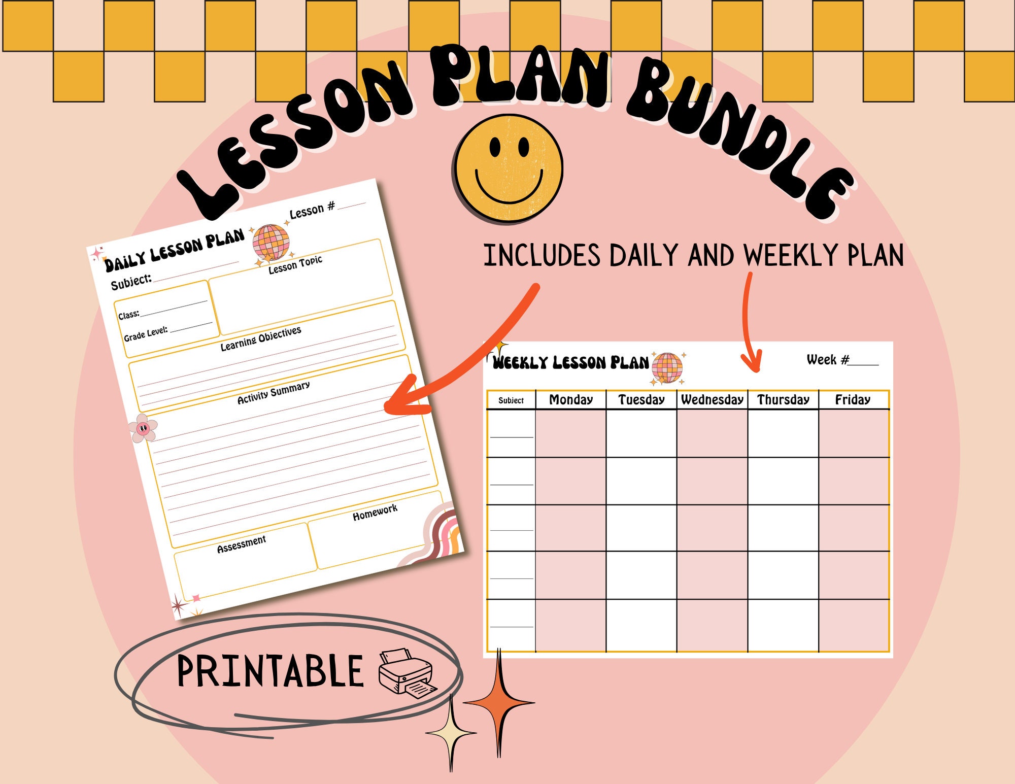 Retro Printable Lesson Plan Template, Daily and Weekly for Teachers Etsy