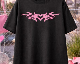 Cyber Sigil Tribal Heart T-Shirt, Y2K Gothic Graphic Tee, Neo Tribal Tattoo Style Shirt, Streetwear Black Tee, Unisex Aesthetic Top