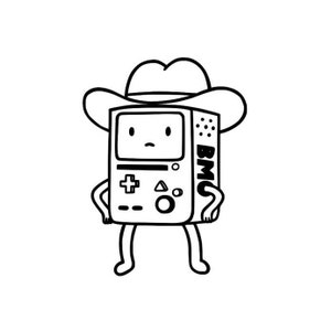 May include: Black and white illustration of a retro handheld video game console wearing a cowboy hat. The console has a screen, buttons, and the letters "BMO" on the side. The character has arms and legs.