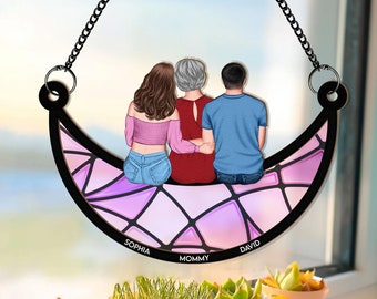 Personalized Mom And Daughter, Son Portrait Suncatcher, Mother's Day Gift For Mom, Children Sitting On The Moon Window Hanging Ornament_54