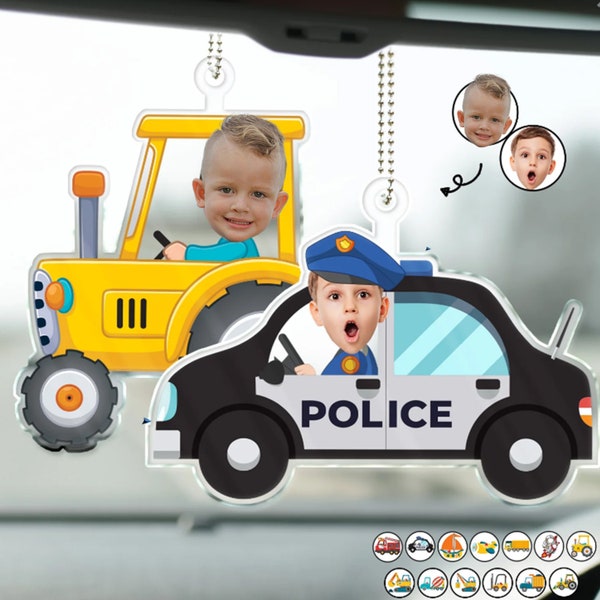 Vehículo divertido para niños con foto personalizada - Regalo para niños, padres, nietos y abuelos - Colgador de coche acrílico personalizado_03