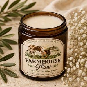 Può includere: Un barattolo di vetro marrone contenente balsamo di sego organico bianco. L'etichetta raffigura una mucca marrone e bianca, un bambino, una fattoria e il testo: 100% GRASS-FED, LOCALLY SOURCED, FARMHOUSE Glow, ORGANIC TALLOW BALM, RENDERED & HANDCRAFTED IN THE USA.