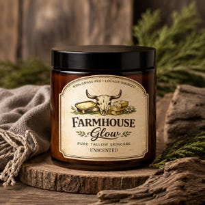 May include: An amber glass jar with a black lid featuring a cream-colored label that reads Farmhouse Glow, Pure Tallow Skincare, Unscented, 100% Grass-Fed, Locally Sourced, with an illustration of a cow skull, a container of tallow, and blocks.