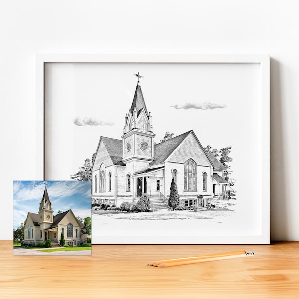 Benutzerdefinierte Veranstaltungsort Illustration, Skizze der Kirche, Zeichnung des Hochzeitsorts, Skizze des architektonischen Gebäudes, personalisierte Hochzeitsgeschenke