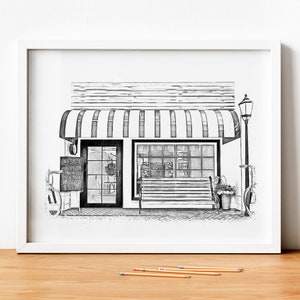Aangepaste bedrijfsschets, tekening van foto, voorkant, illustratie commercieel gebouw, restaurant, bar, boetieks, voor bedrijfseigenaar