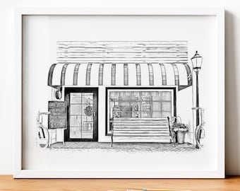 Croquis commercial personnalisé, dessin à partir d'une photo, façade d'entreprise, illustration de bâtiment commercial, restaurant, bar, boutiques, pour chef d'entreprise