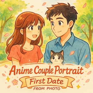 Retrato de casal de anime personalizado a partir de foto – Ilustração de primeiro encontro – Desenho em estilo cartoon romântico – Presente de amor digital personalizado