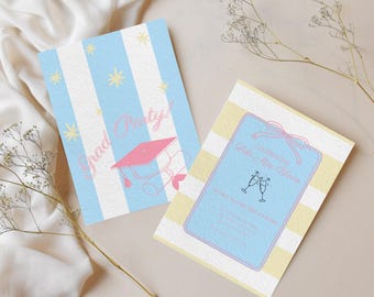 Pastel Graduation Invitation Girl Template Canva Editable Pink Grad Party Invite with Bows Digital Download for Graduation