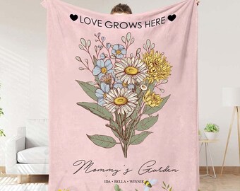 Personalized Grandma's Garden Blanket, Birth Month Flower Bouquet Blanket, Nana's Garden Throw Blanket, Gift for Grandma, Mom's Garden