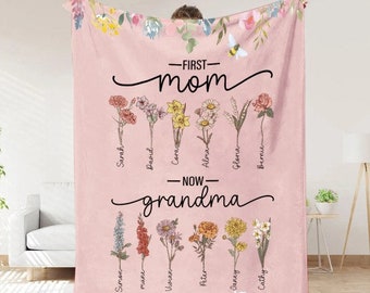 First Mom Now Grandma  Birth Flower Family Customized Blanket, Gift for Grandma, Nana's Garden Throw Blanket, Gift for Grandma, Mom's Garden