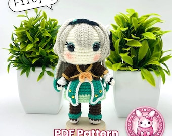 May include: Crochet amigurumi pattern for a character with long white hair, a green dress, and brown boots. The pattern is called "Firefly" and is available as a PDF download. The image also includes a pink logo with a bunny and the text "Gatai".