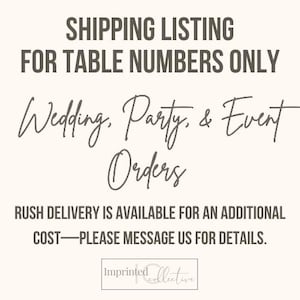May include: Text on a cream background reads "SHIPPING LISTING FOR TABLE NUMBERS ONLY" and "Wedding, Party, & Event Orders." Below, it states "RUSH DELIVERY IS AVAILABLE FOR AN ADDITIONAL COST—PLEASE MESSAGE US FOR DETAILS."