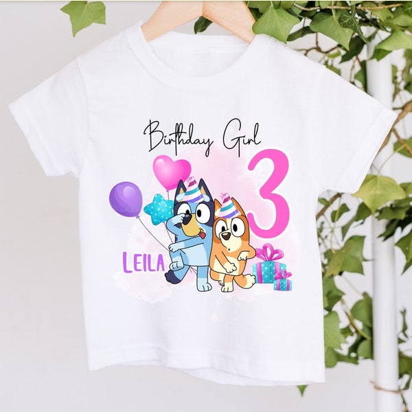 Children's Personalised Cute Blue Dog Birthday Girl T-Shirt Boys Girls Unisex Kids Clothing  Birthday Any Age 1 2 3 4 5 6 7 8 9 10 11 12 etc