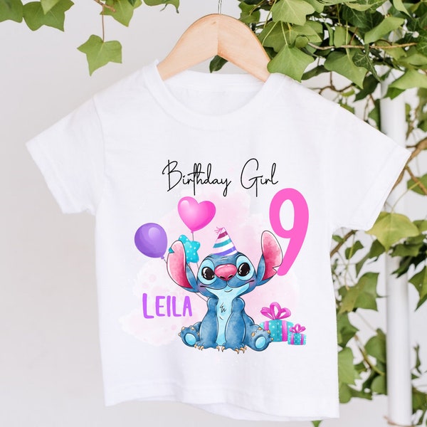 Children's Personalised Cute Stitch Birthday Girl T-Shirt Boys Girls Unisex Kids Clothing  Birthday Any Age 1 2 3 4 5 6 7 8 9 10 11 12 etc