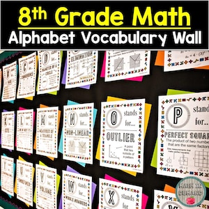 May include: An 8th Grade Math Alphabet Vocabulary Wall display featuring white posters with black text and math symbols. Each poster highlights a letter of the alphabet, a corresponding math term like Outlier or Perfect Square, and definitions.