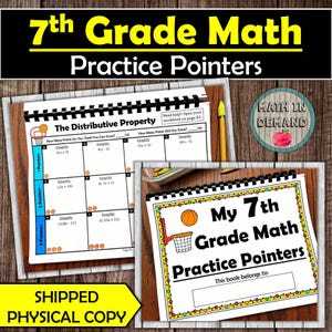 May include: Two spiral-bound workbooks for 7th grade math practice. The covers feature basketball graphics and the titles "7th Grade Math Practice Pointers" and "The Distributive Property." The image includes the text "Shipped Physical Copy."