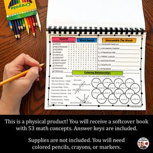 May include: A softcover book with geometry concepts, word search, and unscramble activities. The book includes diagrams for coloring angle relationships. A hand holds a pencil, and a box of Crayola colored pencils is visible. The text says, "Supplies are not included."