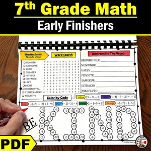 May include: A spiral-bound workbook page with math exercises for 7th grade students. The page includes word search, unscramble words, and color-by-code activities. The title "7th Grade Math Early Finishers" is at the top.