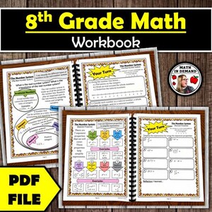 Puede incluir: Un cuaderno abierto con el título "8th Grade Math Workbook". Las páginas interiores están llenas de problemas y diagramas matemáticos. Una flecha amarilla con el texto "PDF FILE" está en la esquina inferior izquierda.