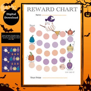 May include: A Halloween-themed reward chart with a ghost riding a broom, pumpkins, and bats. The chart includes the text "Reward Chart", "Digital Download", and "Your Prize". A bonus sticker sheet with pumpkins and ghosts is included.