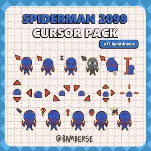 May include: A set of 17 hand-drawn cursor icons featuring a blue and red Spiderman 2099 character. The cursor icons include standard mouse pointers, directional arrows, and other common cursor shapes.