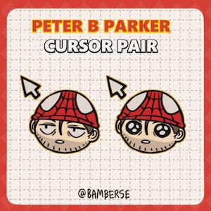 May include: A pair of Peter B Parker cursor designs. Each cursor features a cartoon head with a red and white spider-themed hat and a matching arrow cursor. The text "PETER B PARKER CURSOR PAIR" is at the top.