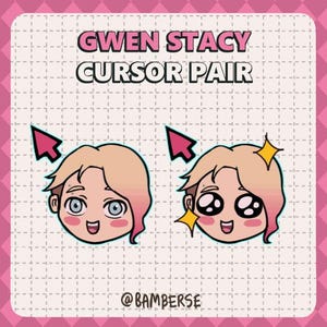 May include: A pink and white graphic with two Gwen Stacy cursor designs. The text "GWEN STACY CURSOR PAIR" is at the top. One cursor has a pink arrow, the other has a yellow star.